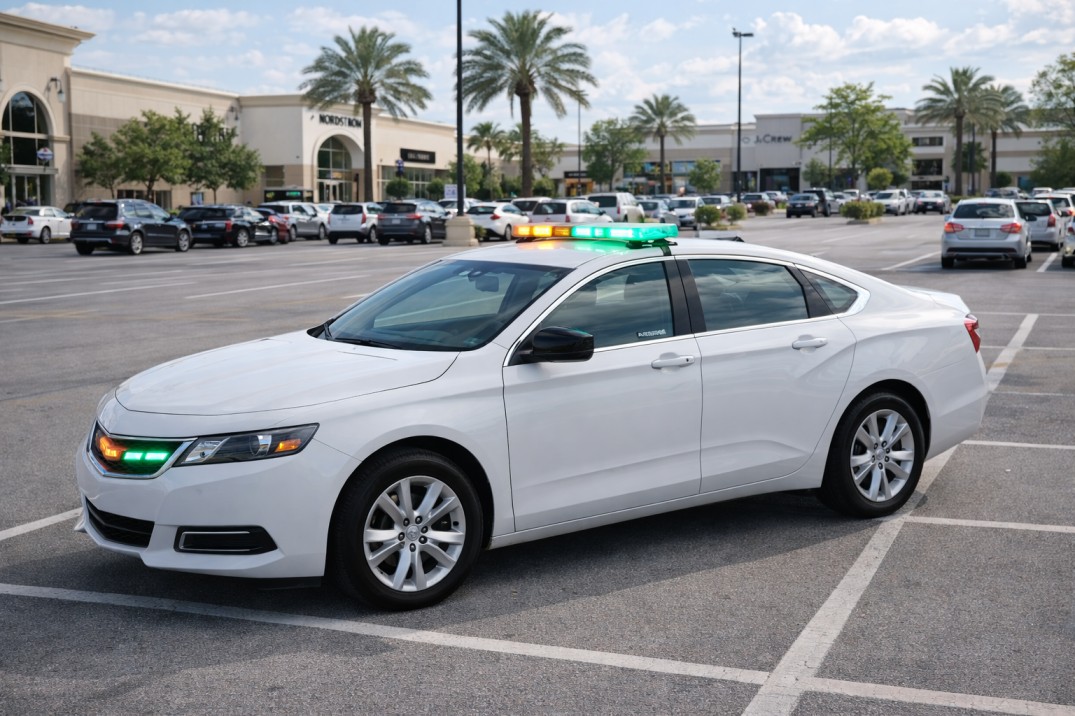 Home New Village Security Services vehicle in the middle of a commercial parking lot