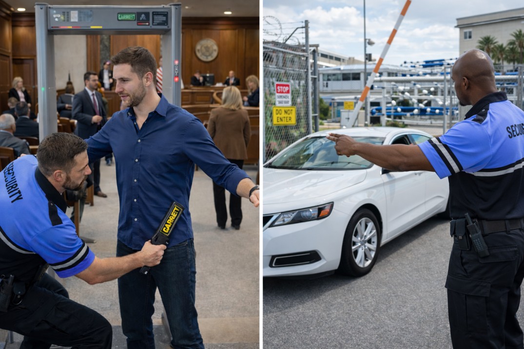Home New Village Security Service Guards at their posts - courtroom and facility.