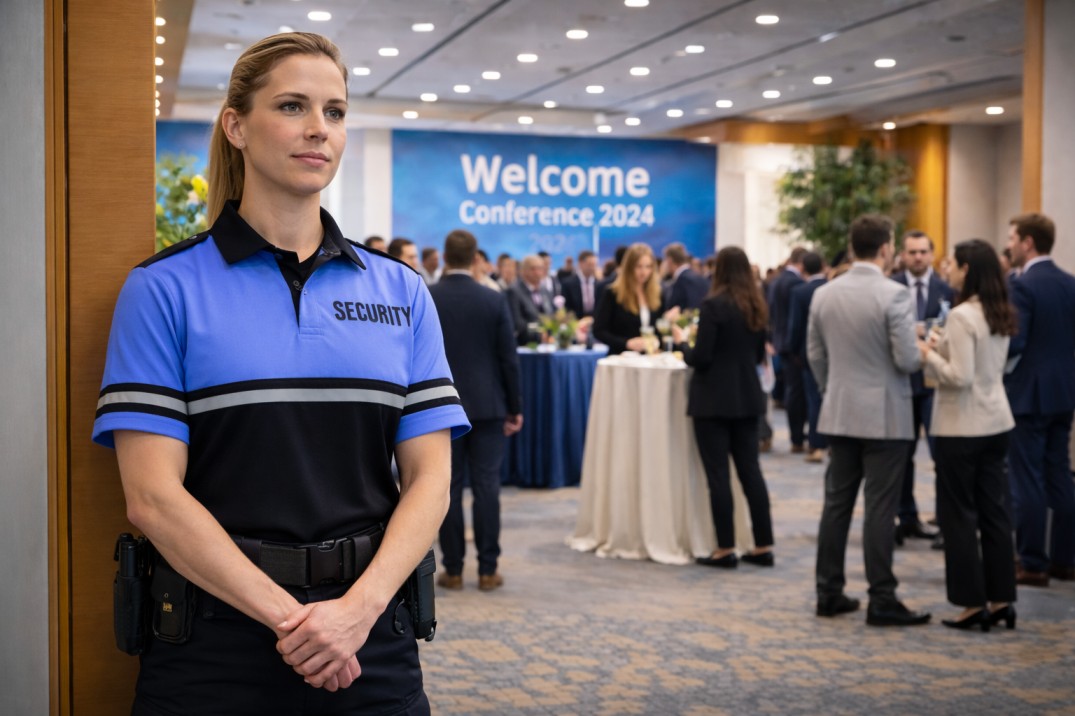 Home New Village Security Services Guard standing on post for a conference
