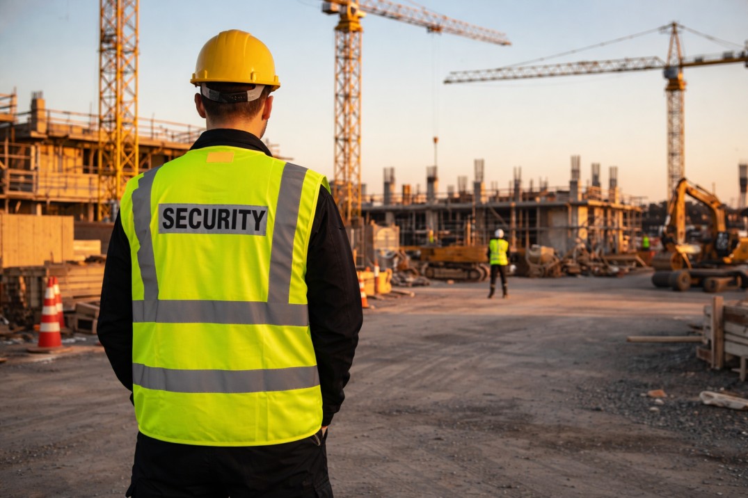 Home New Village Security Services Guard Standing in a Construction Post